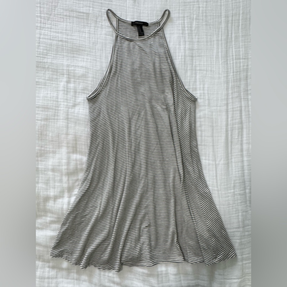 Black and White Striped High-Neck Swing Dress